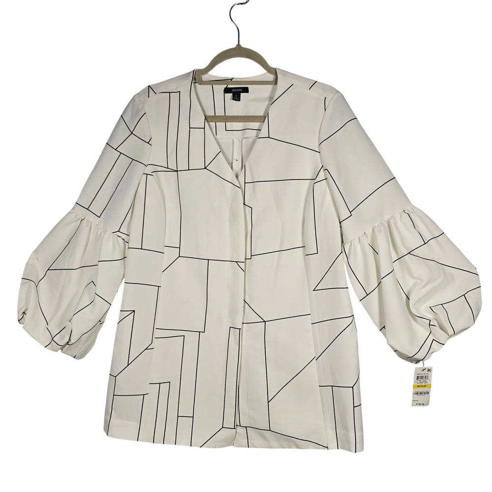 Alfani Women White Black Abstract Lines Puff Sleeve Blazer Jacket Medium NEW